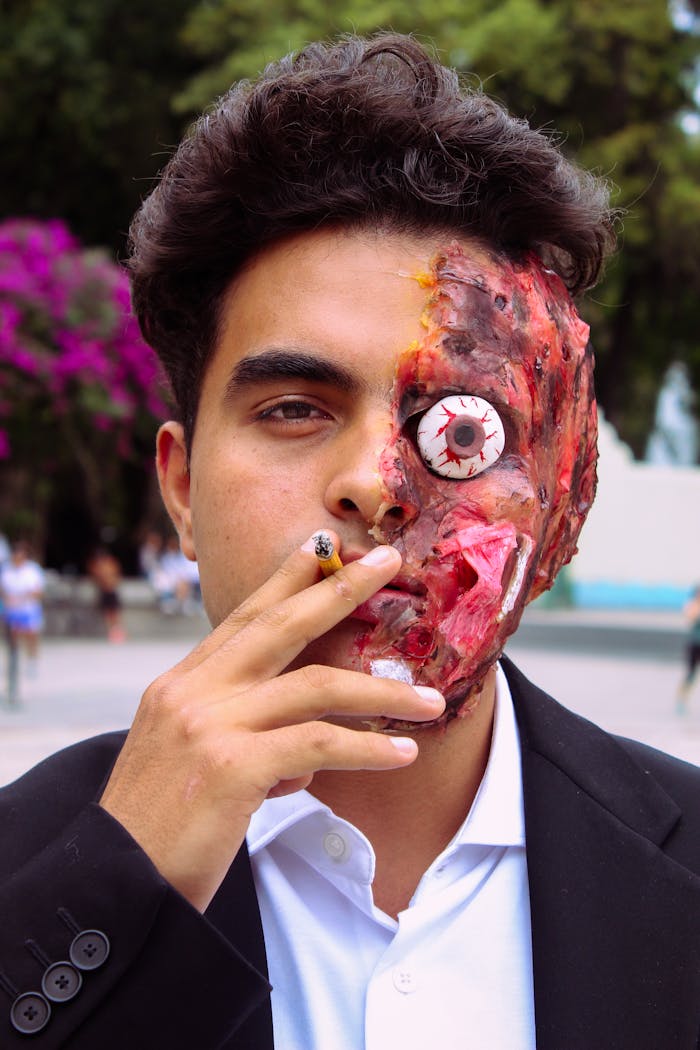 Man with dramatic special effects makeup, smoking outdoors.