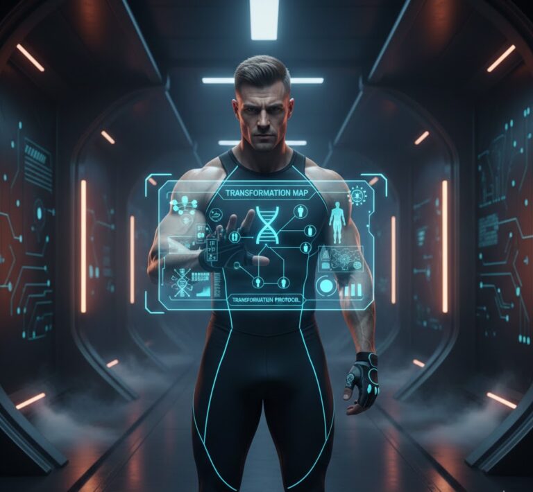 Атлет работает с цифровым интерфейсом системы Transformation Map: запуск протокола трансформации, анализ ДНК и показателей здоровья для построения плана.